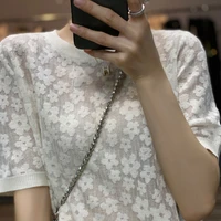 sexy mesh thin micro permeable knitted t shirt delicate small jacquard breathable korean version fashion pullover short sleeves