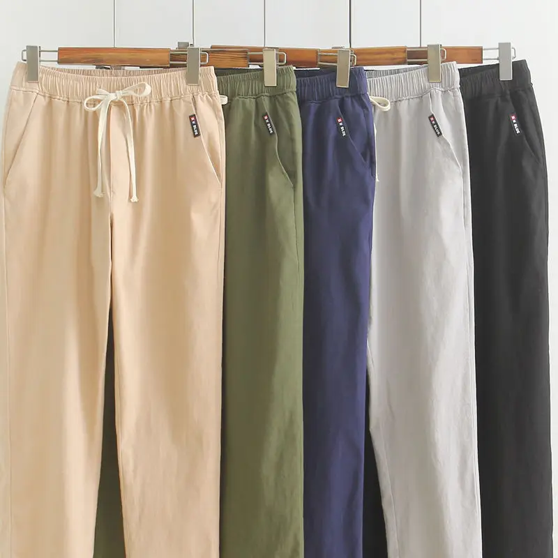 

Брюки мужские укороченные из хлопка и льна, свободные штаны с прямыми штанинами, слаксы, Тонкие штаны до щиколотки, трендовые длинные 5XL, Q304, ...