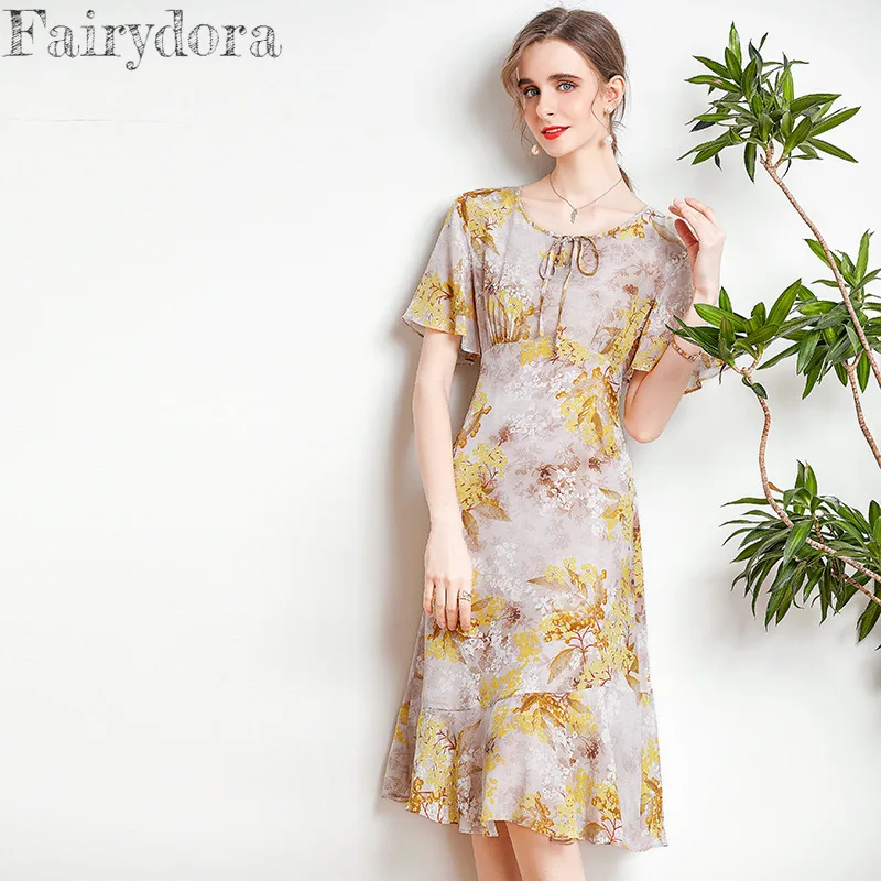 

Женское платье из шелка Mulberry, облегающее платье-трапеция средней длины с круглым вырезом, рукавами-фонариками и оборками, с цифровым принтом, лето 2022