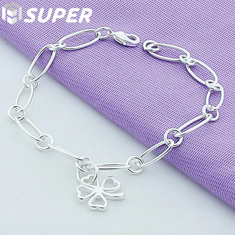 

925 Sterling Silver Lucky Clover Flowers Pendant Bracelet For Woman Charm Wedding Engagement Party Fashion Jewelry