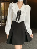 ruffled 2022 spring basic office lady work wear women single breasted button solid bow tie ribbon top white shirts blouses 118