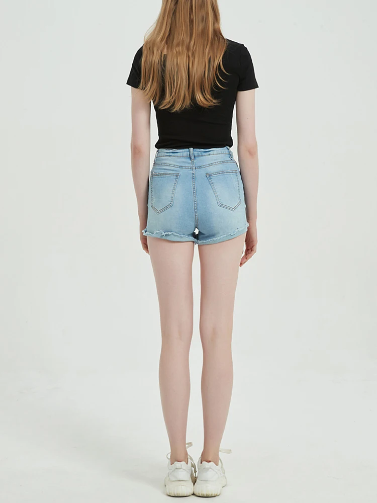 Women Vintage Hole Frayed Raw Hem Blue Denim Shorts Spring Summer Female Streetwear Button High Waist Jeans Shorts