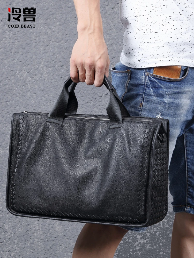 Woven Sheepskin Men's Handbag Leather Business Men Bag Casual Soft Leather One-Shoulder Crossbody Briefcase Bag