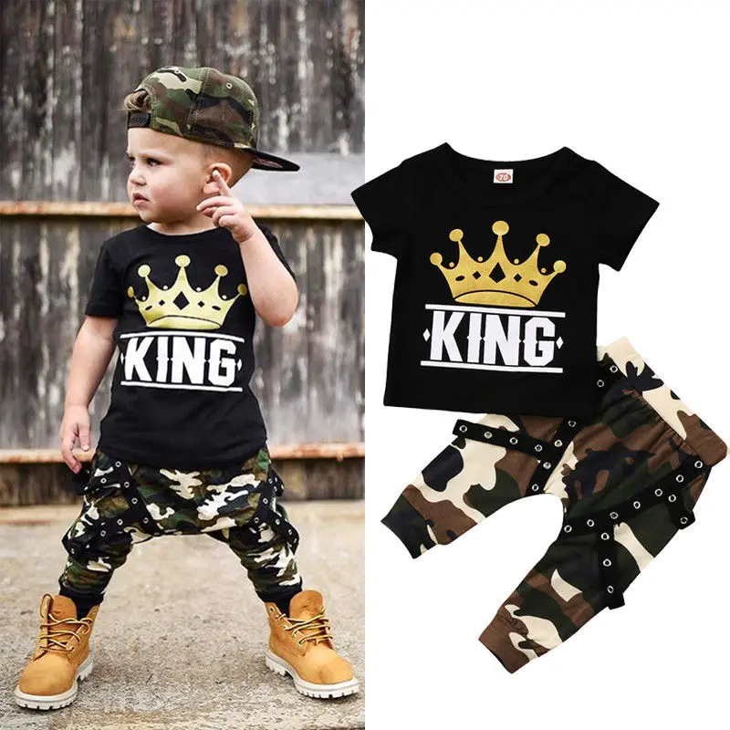

Baby Boy Clothes Set Crown Letter Print T-shirt Tops Camo Pants 0-5Y Newborn Infant Toddler Kids Children Summer Casual Outfits