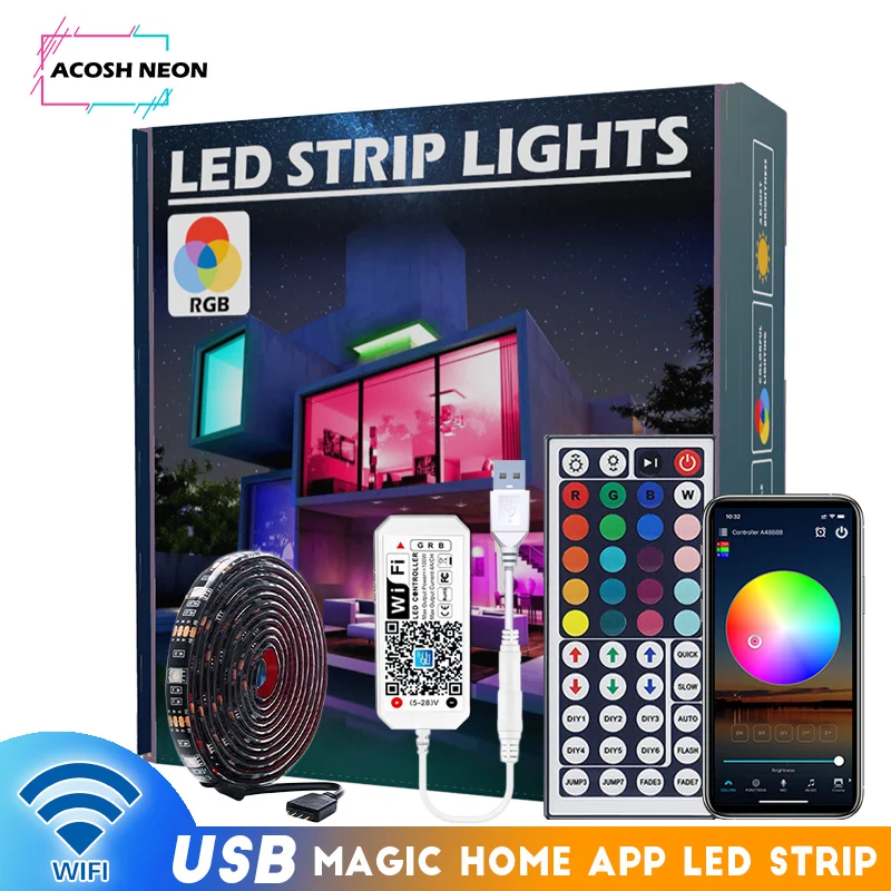 5V USB 16.4ft RGB Led Strip With 44 Keys Remote Colorful Flexible Lights Tape 150 LED Smart Ambient Lighting Kit for PC TV