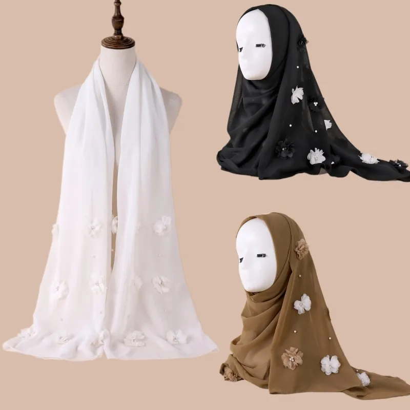 Высококачественный длинный шифоновый шарф с бусинами и цветами хиджаб Eid