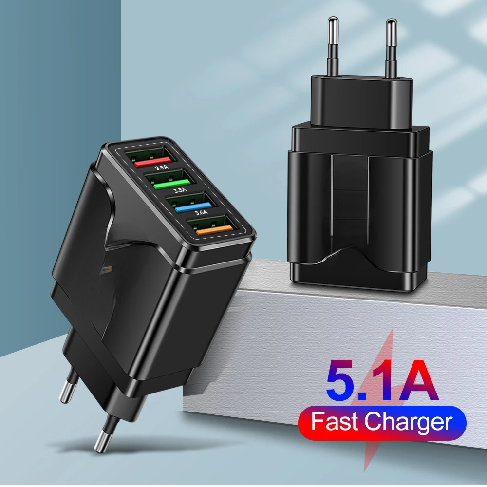 

New Fashion for Xiaomi iPhone X EU US Plug 4 USB Charger Quick Charge 3.0 Fast USB Wall Charger Portable Mobile Charger QC 3.0 A