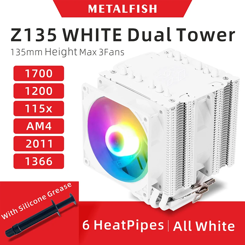 Z135 All White CPU Cooler With 6 HeatPipes Support 1700/1200/115x/AM4 Efficient 4Pin PWM ARGB Fan Quiet Ventilador Radiator