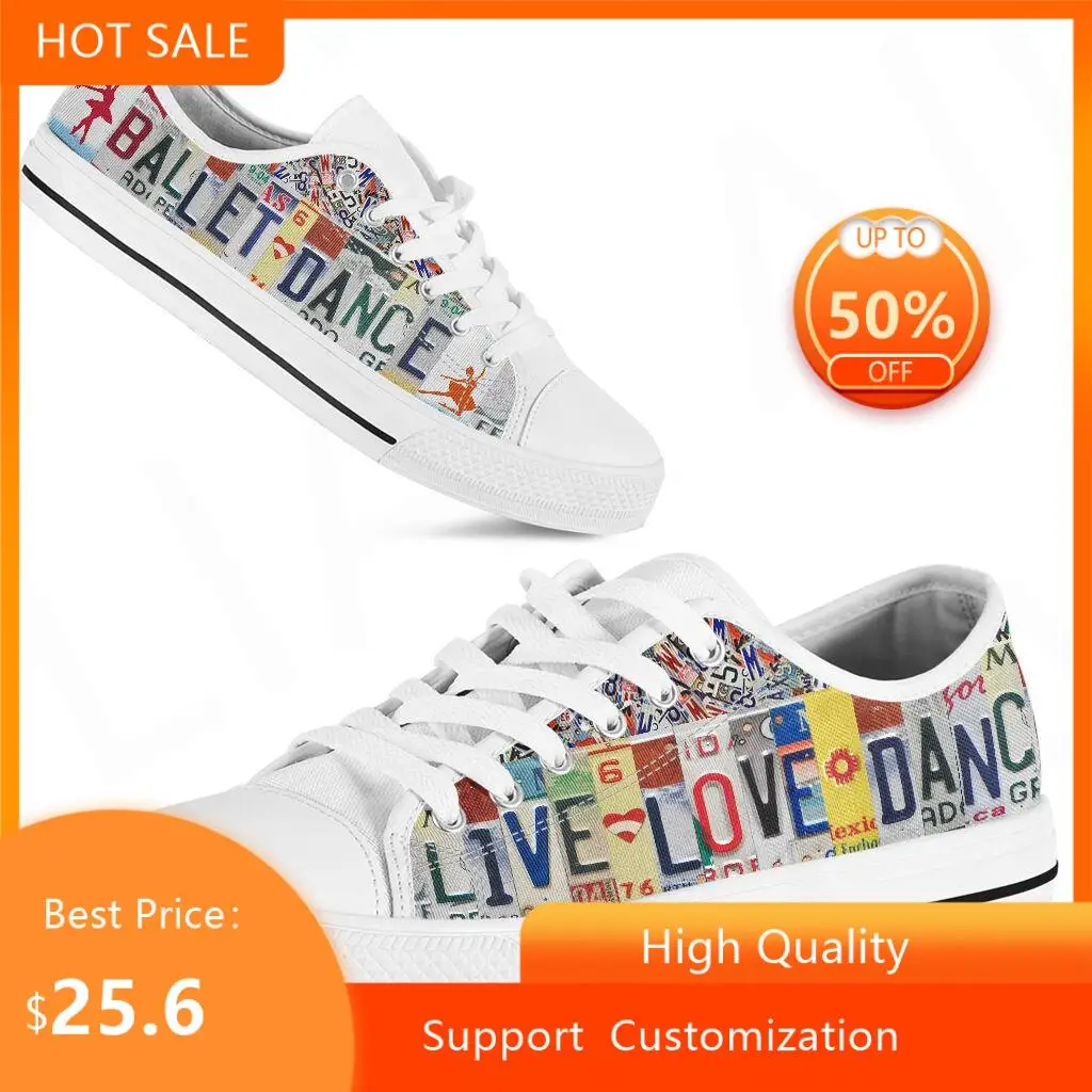 

BKQU Live Love Ballet Dance Prints Women Casual Canvas Flats Classic White Vulicanized Sneakers Plus Size 45 46 Breathable Shoes