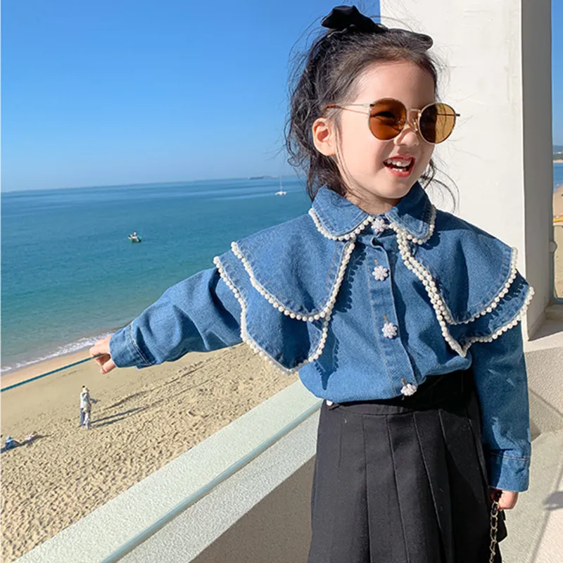 

2023 Spring Princess Girl Fashion Tops Pearl Turn-Down Neck Long Sleeve Denim Blouse Shirt For 2-8Years Kids Baby