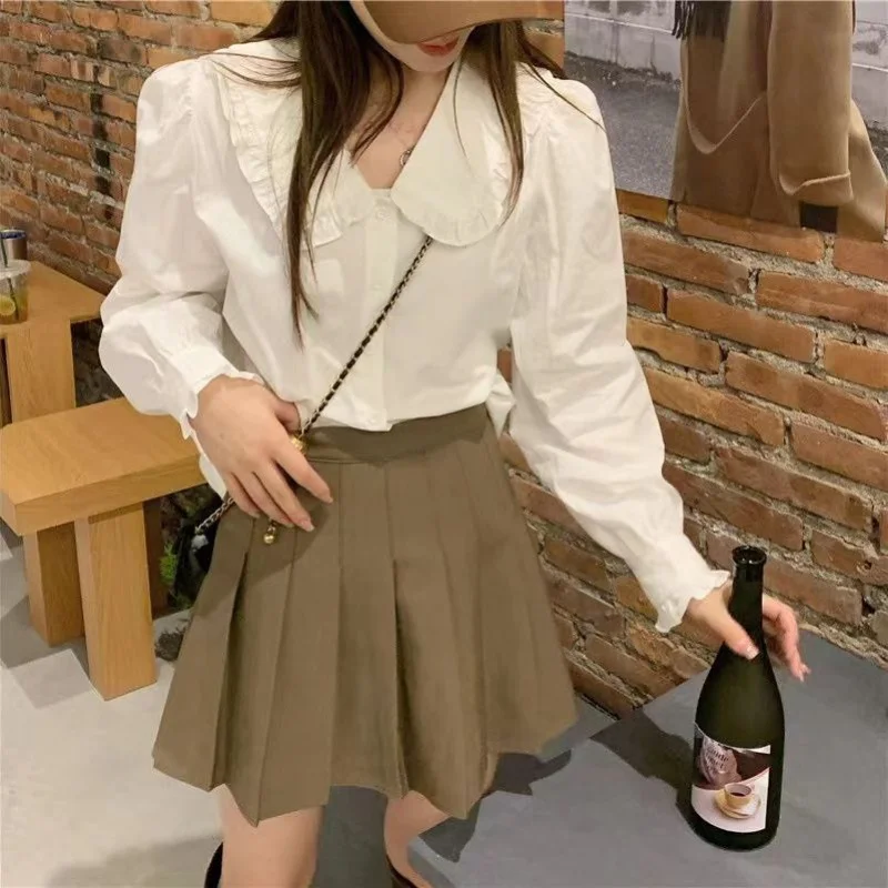 Белая рубашка с кукольным воротником Женская одежда весна-осень дизайнерская