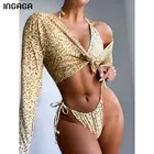 Бикини INGAGA с леопардовым принтом, женский купальник из трех предметов, сексуальные стринги, купальник, бикини с лямкой на шее, купальный костюм с длинным рукавом, Пляжная накидка