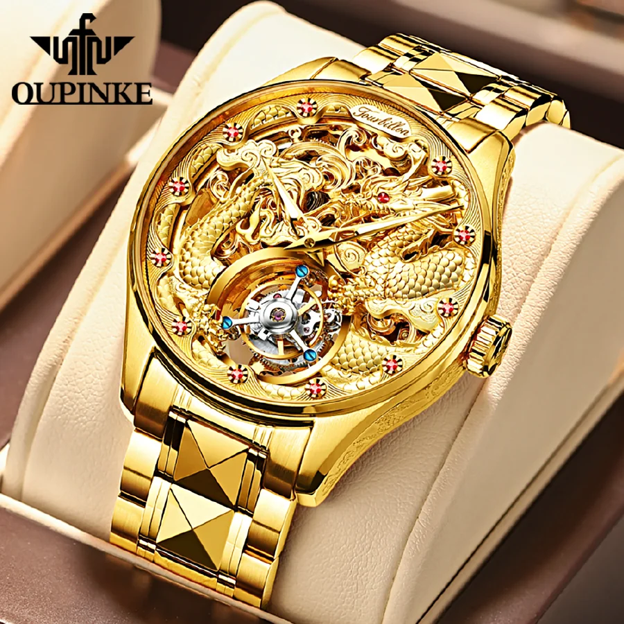 

OUPINKE Luxury Gold Dragon Mechanical Watch for Men Tourbillon Sapphire Hand Wind Waterproof Top Brand Wristwatch Transparent