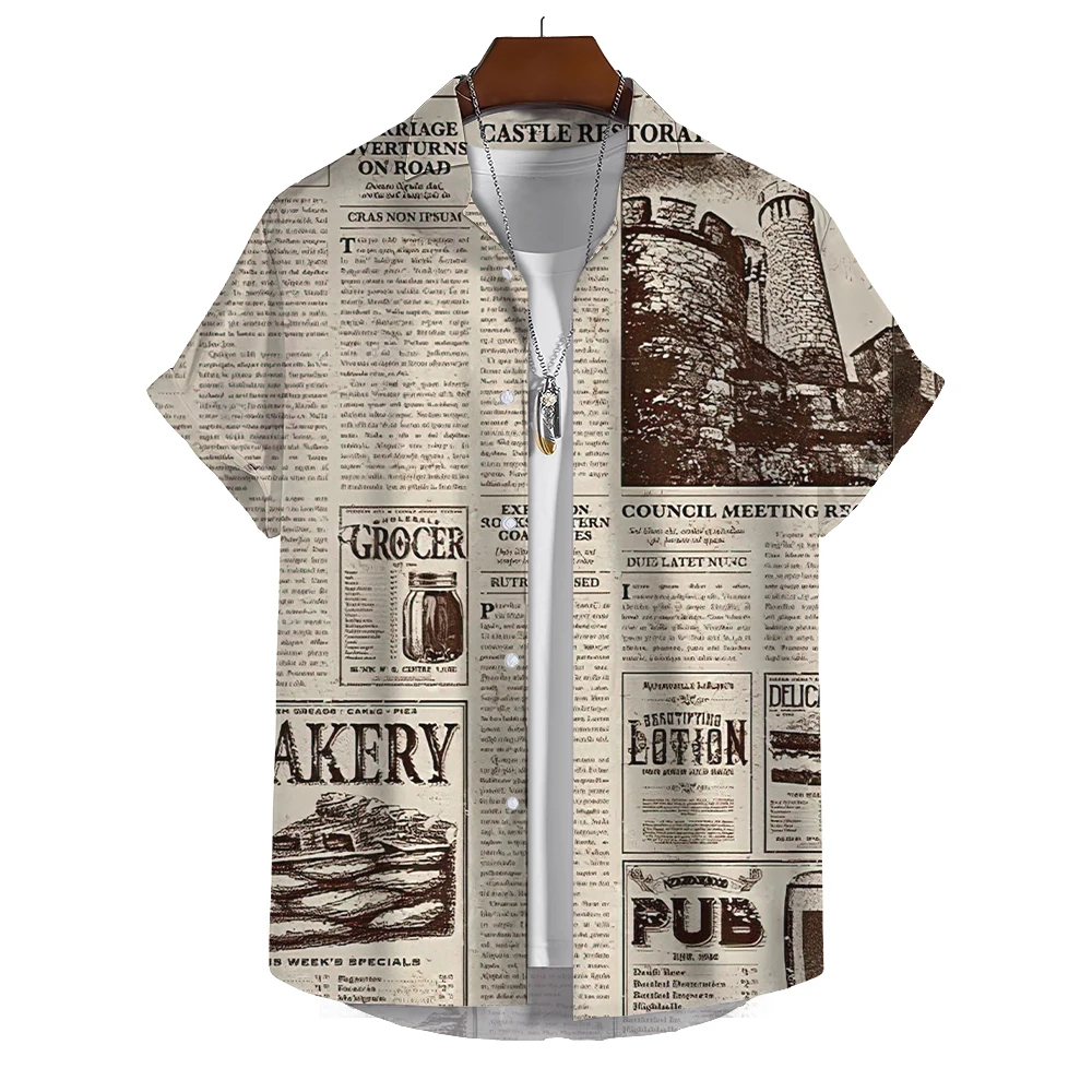 

Vintage Hawaiian Men'S Shirt 3d Newspaper Printed Men Top Daily Street Clothing Loose Oversized Shirt Summer Casual Short Sleeve