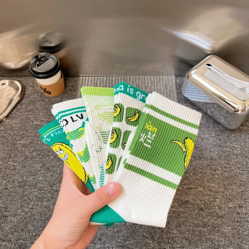 Fashion Funny Cartoon Cotton Sport Socks for Women 5 Pairs New 2023 Trend Banana White Green Women's Cotton Socks Set