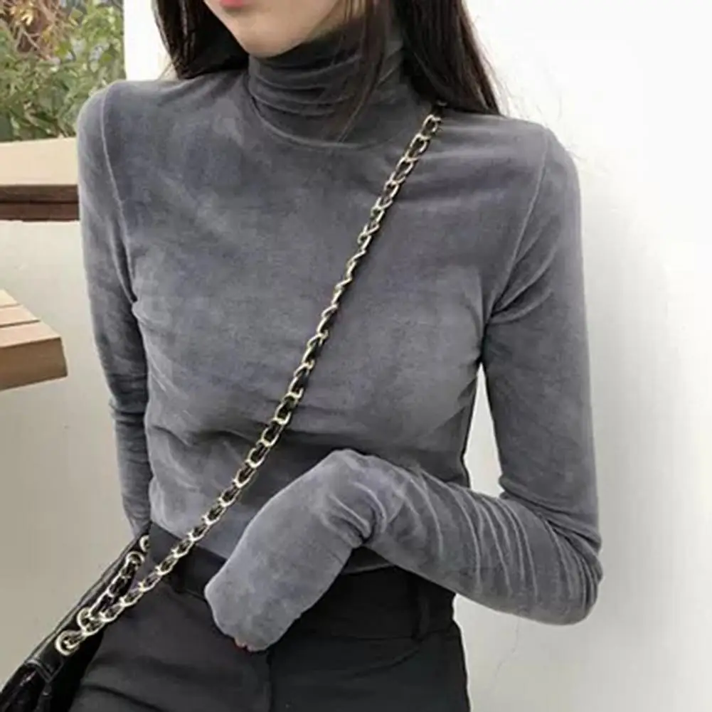 

Women Blouse Solid Color Turtleneck Long Sleeve Slim Fit Coldproof Pullover Autumn Winter Plush Commuter T-shirt Bottoming Shirt