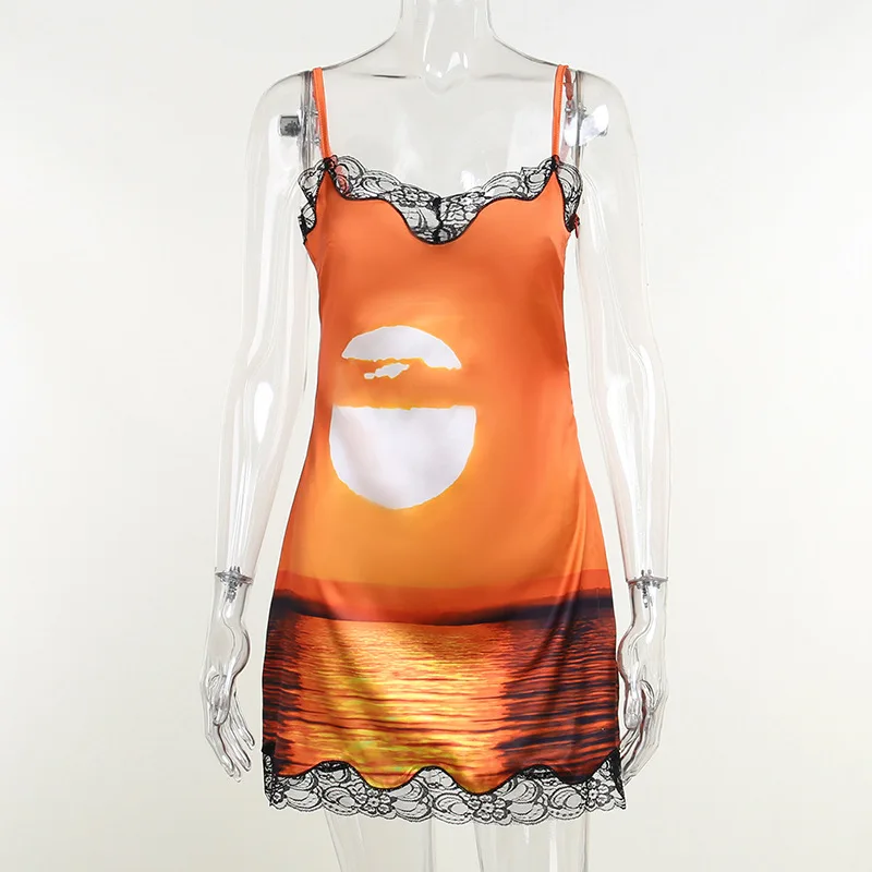 Мини-платье в пляжном стиле с принтом пикантный сарафан на бретелях-спагетти