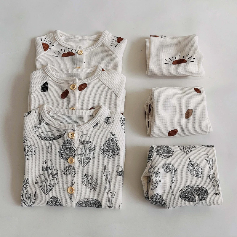 Купи 1-5 Years Baby Boy Girl Pajama Set Autumn Fashion Print Waffle Homewear Suit for Children Cotton Soft Kids Clothes Girls Outfits за 512 рублей в магазине AliExpress