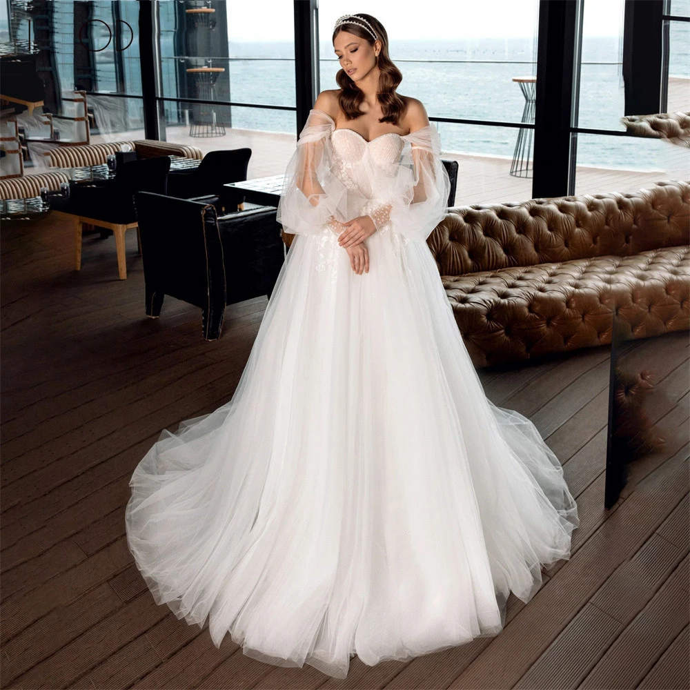 

Женское свадебное платье с юбкой годе TIXLEAR, Кружевная аппликация в стиле бохо, блестящее платье из тюля со шлейфом, 2023