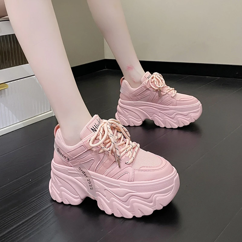

Women Chunky Platform Mesh Sneakers 2022 New Ulzzang Breathable Trainers Lace-up Vulcanized Shoes Female Dad Casual Sports Shoes