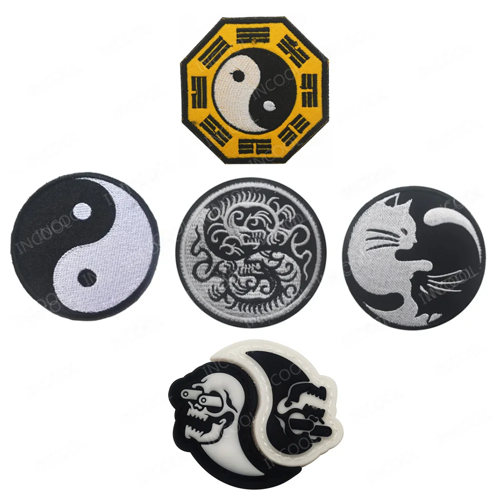 Черно-белые ПВХ резиновые светящиеся круглые нашивки Tai Chi с вышивкой в виде кота