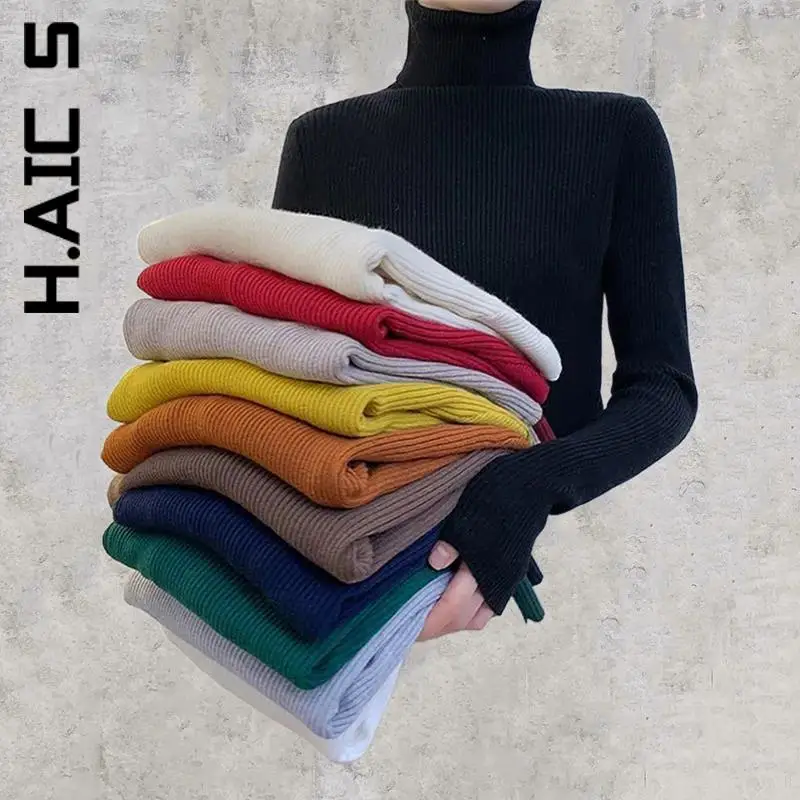 

Модный вязаный женский свитер H. АИК, пуловеры с высоким воротником, милый топ, популярный женский вязаный свитер с длинным рукавом, облегающ...