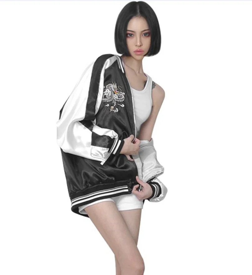 

Sukajan Satin Dragon Embroidery Women Men Jacket 2022 Spring Harajuku Pilot Jacket Baseball Jackets Patchwork Coats For Girls