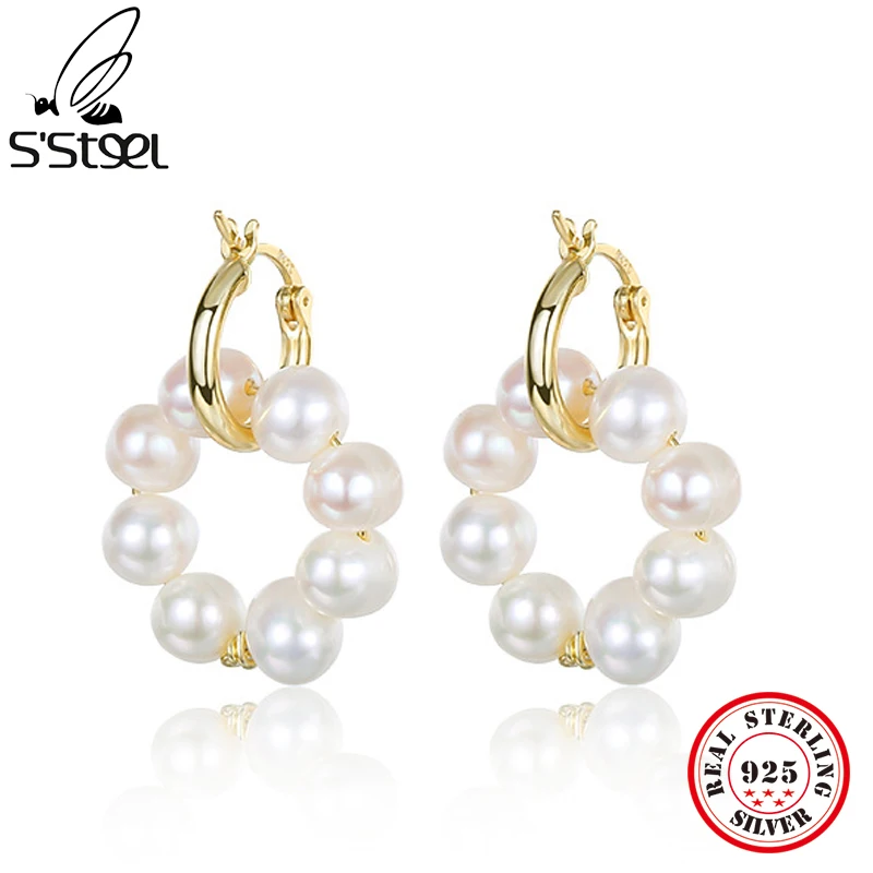 

S'STEEL 925 Sterling Silver Circle Pearl Drop Designer Gold Earrings For Women Light Luxury Vintage Handmade Jewelry 2022 New