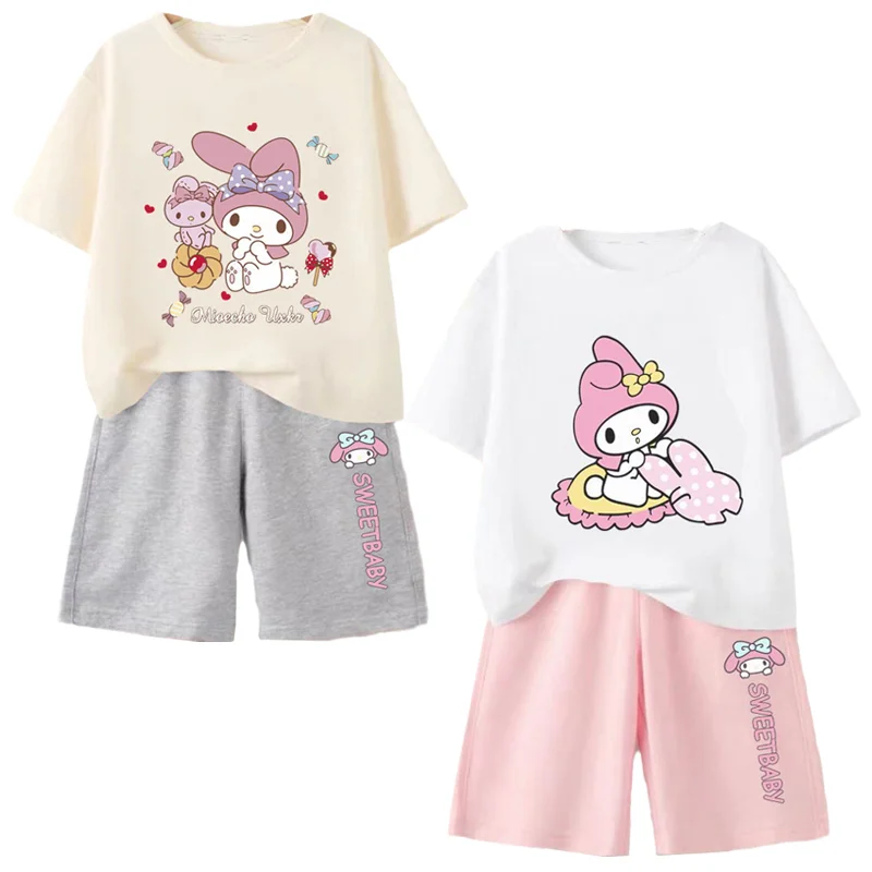 

Летняя хлопковая Футболка для девочек Sanrios с аниме мультяшным принтом My Melody, повседневные шорты, милый топ с коротким рукавом, спортивные шорты