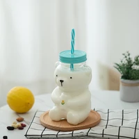 550ml cute cartoon bear sippy cup creative heat resistant glass water bottle with straw juice milk kids clear drinking bottles