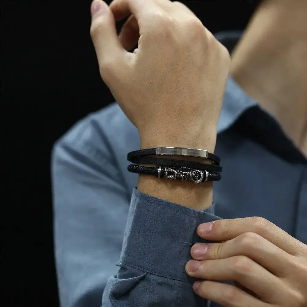 Многослойный кожаный Браслет-манжета CHUANGCHENG с змеиным черепом из нержавеющей
