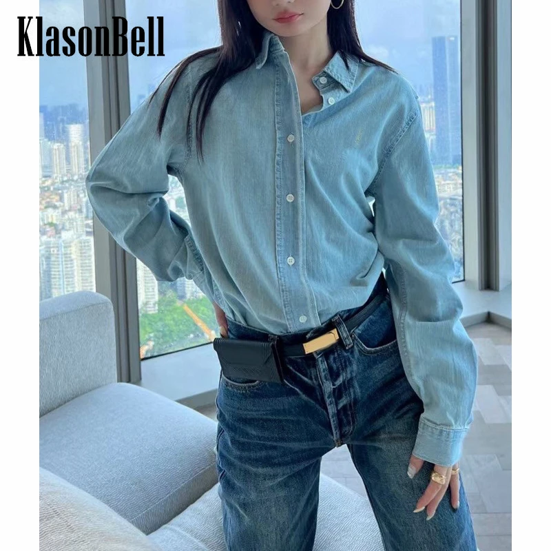 10.17 KlasonBell Letter Embroidery Washed Denim Shirt Women Fashion Loose Single Breasted Blouse