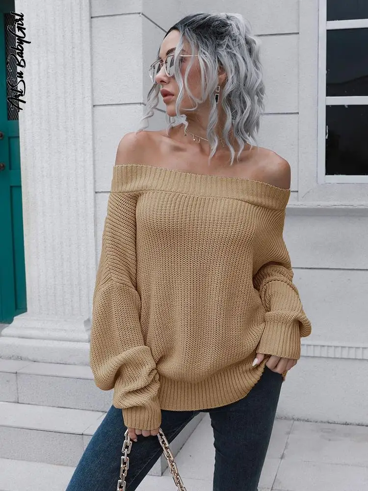 

Sweater Winter 2022 Pullover Winter Clothes Loose Jumper Black Sweater Y2K Solid Slash Neck Long Sleeve Streetwear Pull Tops