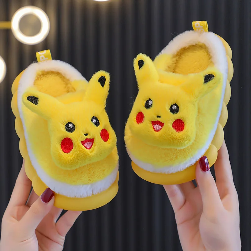 Симпатичные Зимние Детские хлопковые тапочки Kawaii Покемон Аниме Пикачу домашние