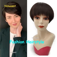 Short Bob Straight Pixie Cut Wigs Natural Color Brazilian Remy Human Hair With Fringe More Breathable Soft Lace Wigs For Summer