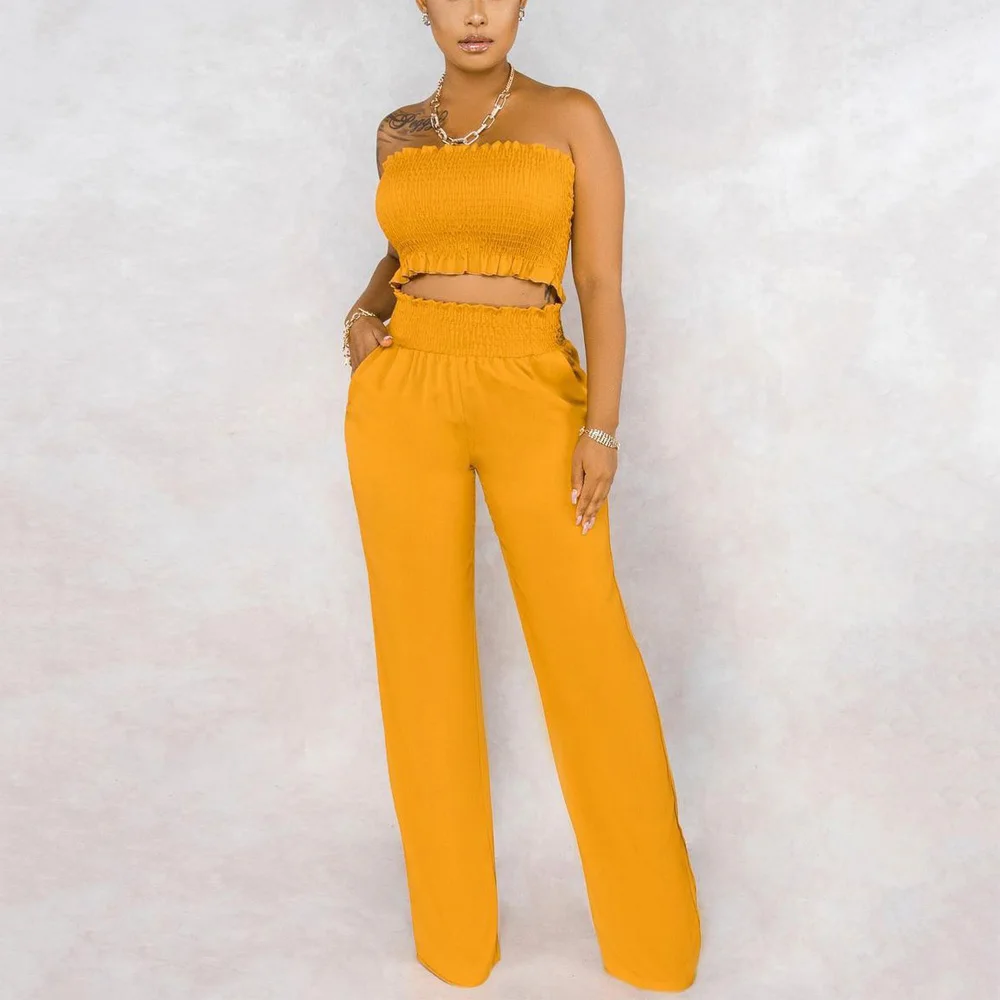 2 Pieces Sets Women Outfits Pants Sets Yellow Crop Tops & Long Trousers Fashion Elegant Two Pieces Matching Pants Sets Clothes