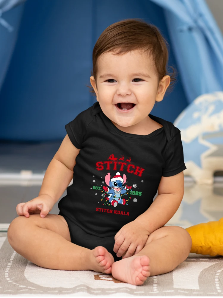 

Боди для младенцев Disney Christmas Stitch Print с коротким рукавом Черный повседневный комбинезон Весна и осень Универсальная детская одежда
