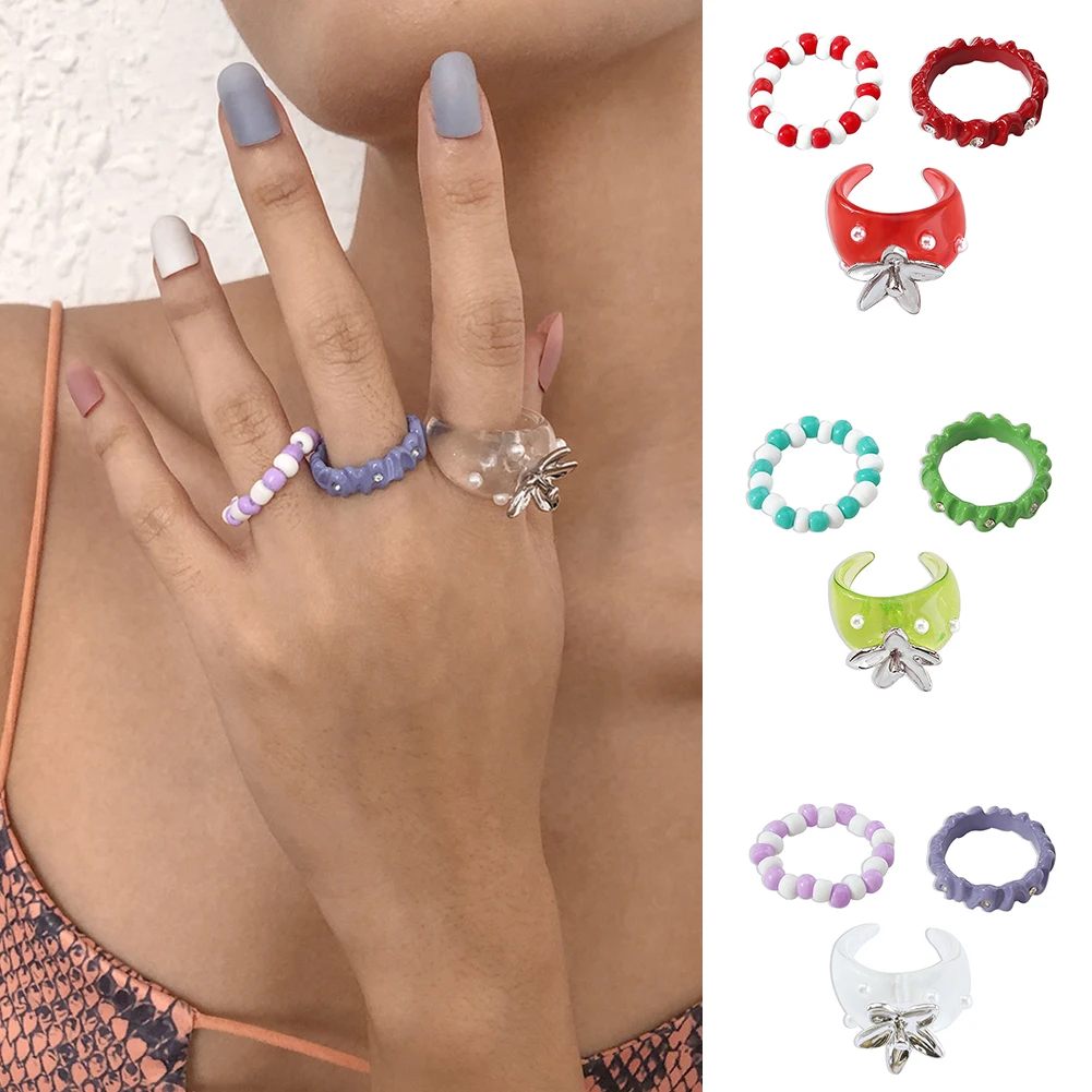 

3pcs/set Acrylic Ring Set Light Color System Resin Beaded Elastic Rings Bridal Engagement Women Finger Jewelry 2022 Summer