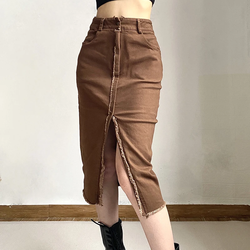 

Женская джинсовая юбка-карандаш с высокой талией, черная облегающая юбка-карандаш с бахромой, лето 2023