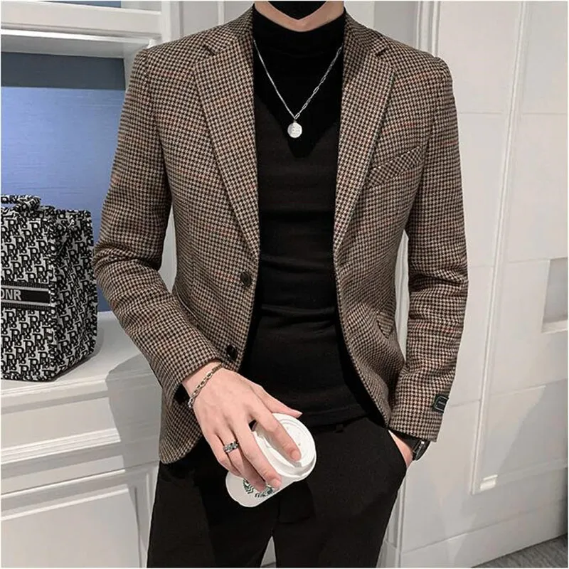 

Blazers Men Design Jacket Houndstooth Korean Fit Fashion Suit Wedding Business Men Dress Slim Latest Social 2022 Blazers Casual