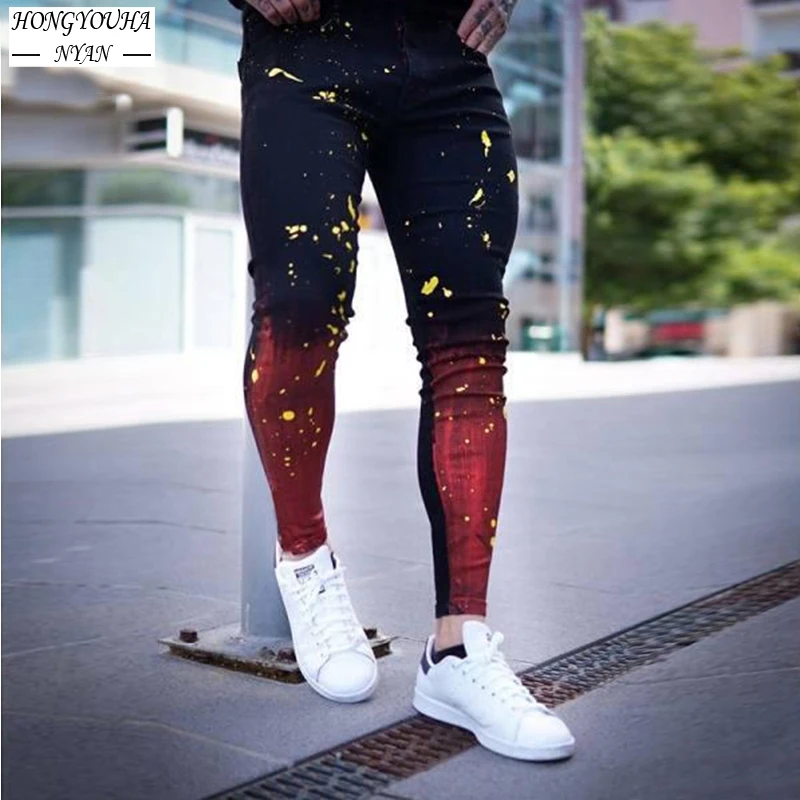 Street Fashion Men's Spray Paint Gradient Red Black Jeans Male Slim Skinny Denim Trousers Europe United States Size S-3XL 2022