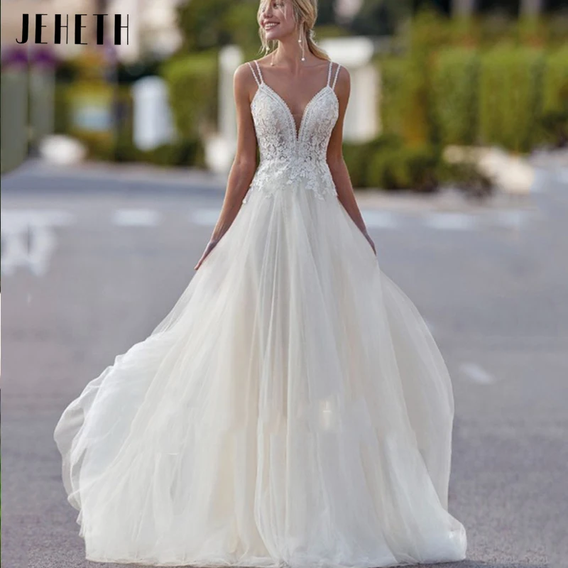 

JEHETH Elegant Spaghetti Strap Wedding Dress Deep V-Neck Beading Lace Bridal Gown Charming Backless A-Line vestido de noiva 2023