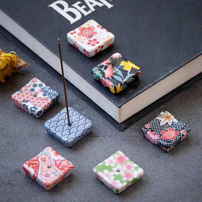 PNNY Painted Square Incense Stick Holder Japanese Retro Pattern Incense Base Tea Ceremony Accessories Home Decoration