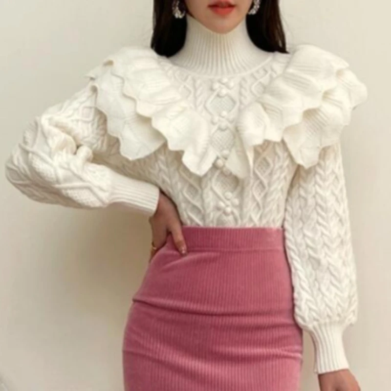 

Japanese Style Ruffles Design Turtleneck Outfit Sweater Women Spring Autumn Winter Ladies Elegant Party Pullovers Wholesale