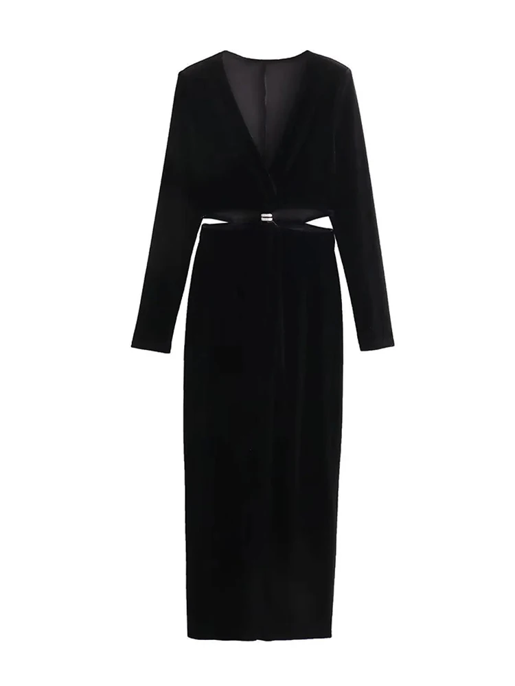 

Sexy Women Black Velvet Midi Dress Women Ring Buckle Hollow Out Waist Split Dresses