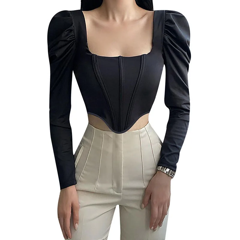 

Women Long Sleeves Short Tops with Skinny Type, Puff Solid Color Herringbone Waist Clothing
