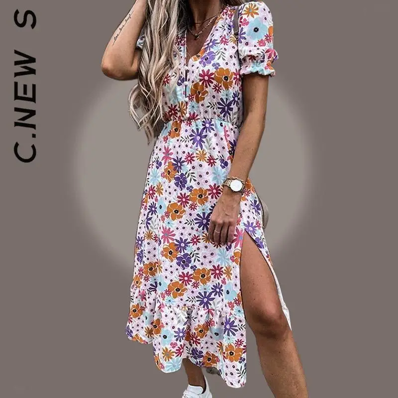 C.New S Fashion Women Dress Vintage Short Sleeve Midi Dress Loose Pocket A-Line Dress All-Match Soft Dresses Woman Vestidos