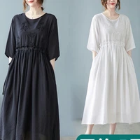 summer lace up pullover long dress kaftan cotton plain terengganu round neck high waist solid color embroidery a line pocket