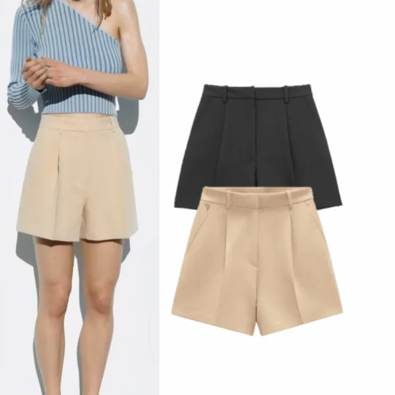 RDMQ 2023 Summer Solid Shorts For Women New Fashion Vintage Causal Zipper Short Pant Elegant A-Line Mini Shorts Two Colors