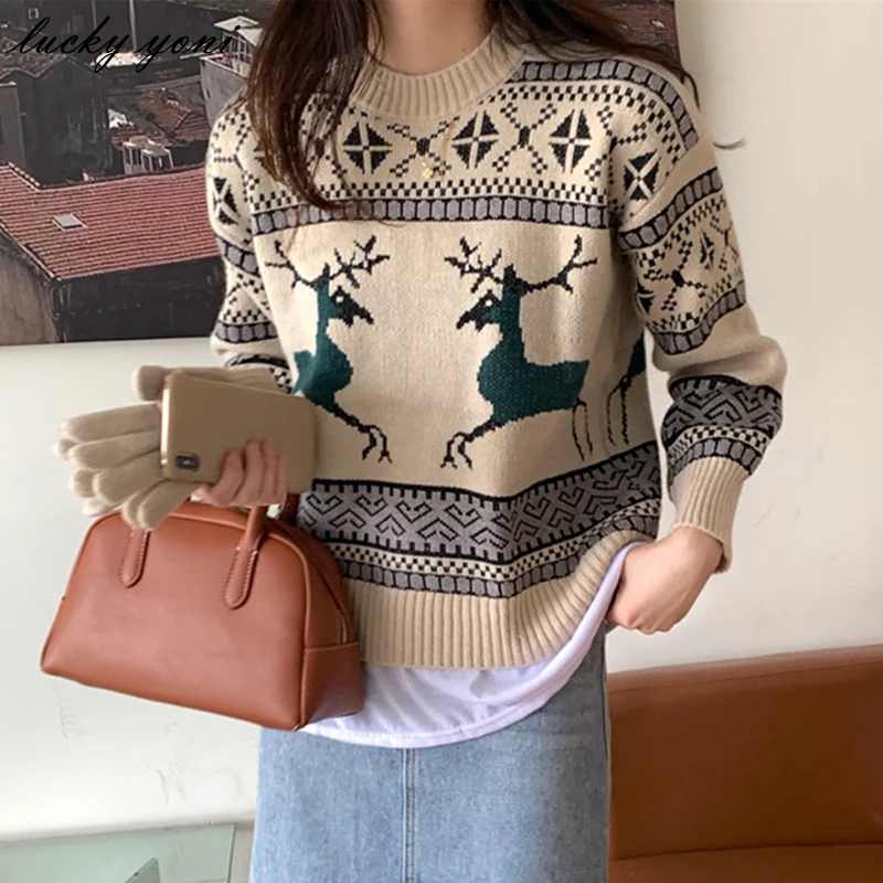 

Yoni Vintage Christmas Knitted Sweater Women Winter Thicken Loose Fawn Pullovers Female Trendy Long Sleeve Fake Two Jumper